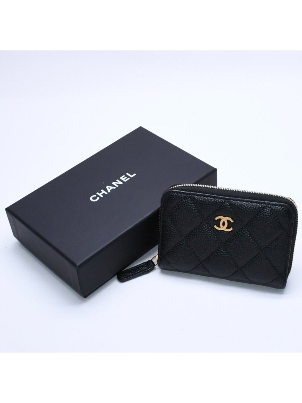Chanel Classic Zip Coin Purse Quilted Caviar Leather Stand Black Wallet Card